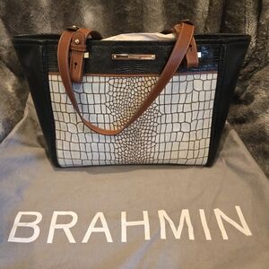 Brahmin Arno Black and Cream Croc-Embossed Leather Tote with Tan Handles